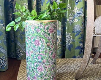 18.5" Vintage Chinoiserie Floral Green Multicolored Umbrella Stand