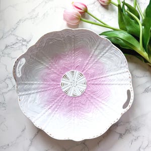 Vintage 10.5&quot; Pink and White Shallow Serving Bowl with Handles