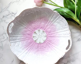 Vintage 10.5" Pink and White Shallow Serving Bowl with Handles