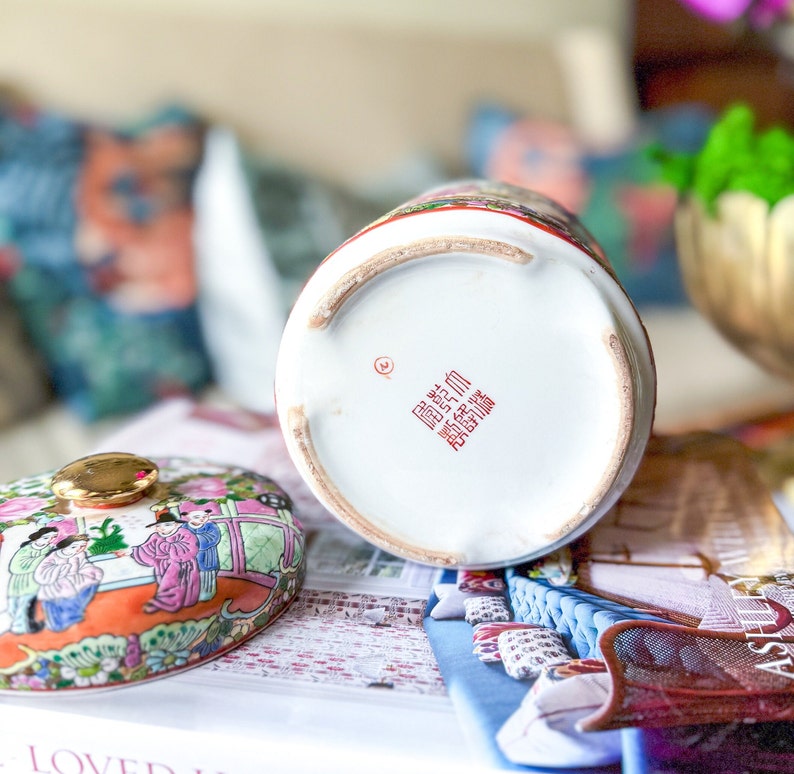 Vintage Famille Rose Medallion Lidded Canister with Gilt Handles Grandmillennial Asian Home Decor Maximalist Interiors image 8