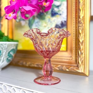 Vintage Fenton Pink Ruffled Rim Pedestal Compote Dish