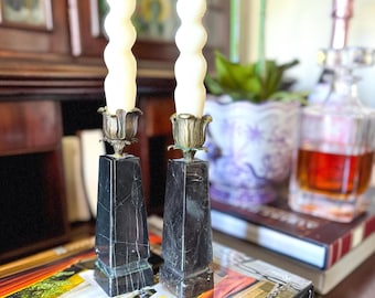 Vintage Pair of 6.5" Stone Candlesticks with Brass Floral Accents