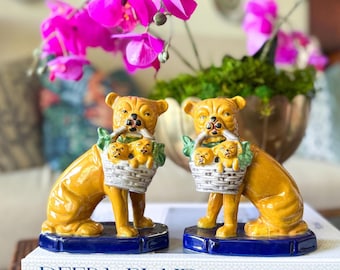 Vintage Pair of English Staffordshire Style Bulldogs or Pugs with Baskets on Cobalt Bases