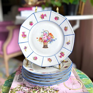 Set of 6 Vintage German 6.75" Floral Bouquet Plates - Grandmillennial - Maximalist Interiors - Preppy - Blue and White Dinnerware - PK Unity