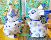 Vintage Pair of Cobalt Blue and White Handled Bunny Rabbit Pitchers - Vintage Easter - Seasonal - Holiday Decorations