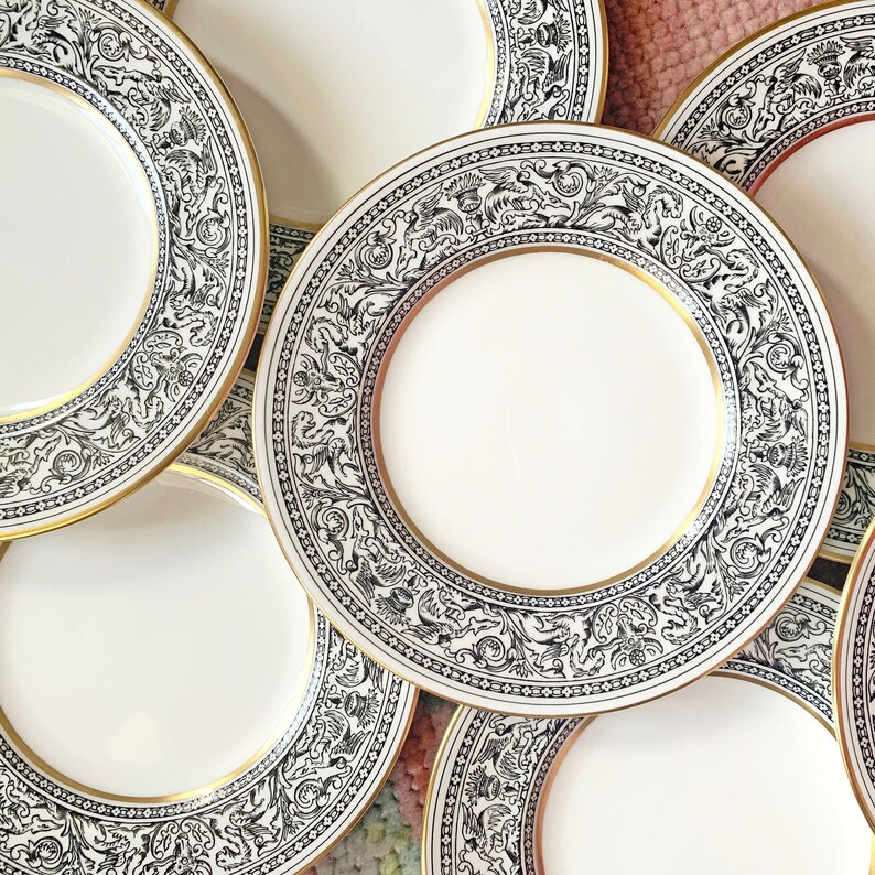 Set of 9 Wedgwood Black Florentine English Bone China 7 Dessert Plates - Vintage Grandmillennial - Shabby Chic - Granny Chic