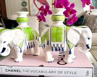 Vintage Pair of Fitz and Floyd Elephant Candlesticks in Lime and Navy