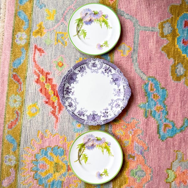 Vintage Mix and Match Plate Wall: Wedgwood Purple Transferware, Royal Doulton Glamis Thistle