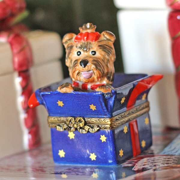 Rochard Hand Painted French Limoges Terrier in a Present Porcelain Trinket Box - Vintage - Peint Main - Christmas Limoges