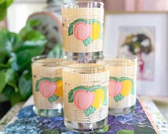 Vintage SET of 4 Georges Briard MCM Peach and Lemon DOF Lowball Glasses