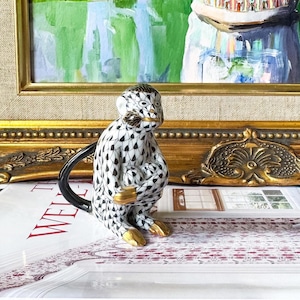 Vintage Herend Hungary Monkey Figurine - Black and White Fishnet with 24k Gold Accents