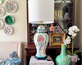 Vintage 23" Chinoiserie Floral Temple Jar Table Lamp - NO SHADE