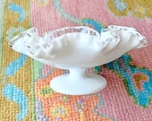 Fenton Silvercrest White Milk Glass Pedestal Bowl Ruffle Edge - Vintage Retro - White Art Glass - Clear Glass - Planter - Grandmillennial