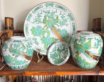 Vintage Gold Imari In Green - SOLD INDIVIDUALLY - Chinoiserie - Chinese Porcelain - Grandmillennial - Asian Vase - Plate Wall