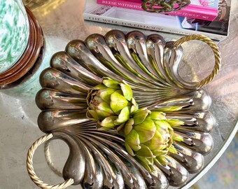 Vintage 16" Silverplate Shell Tray with Brass Rope Handles