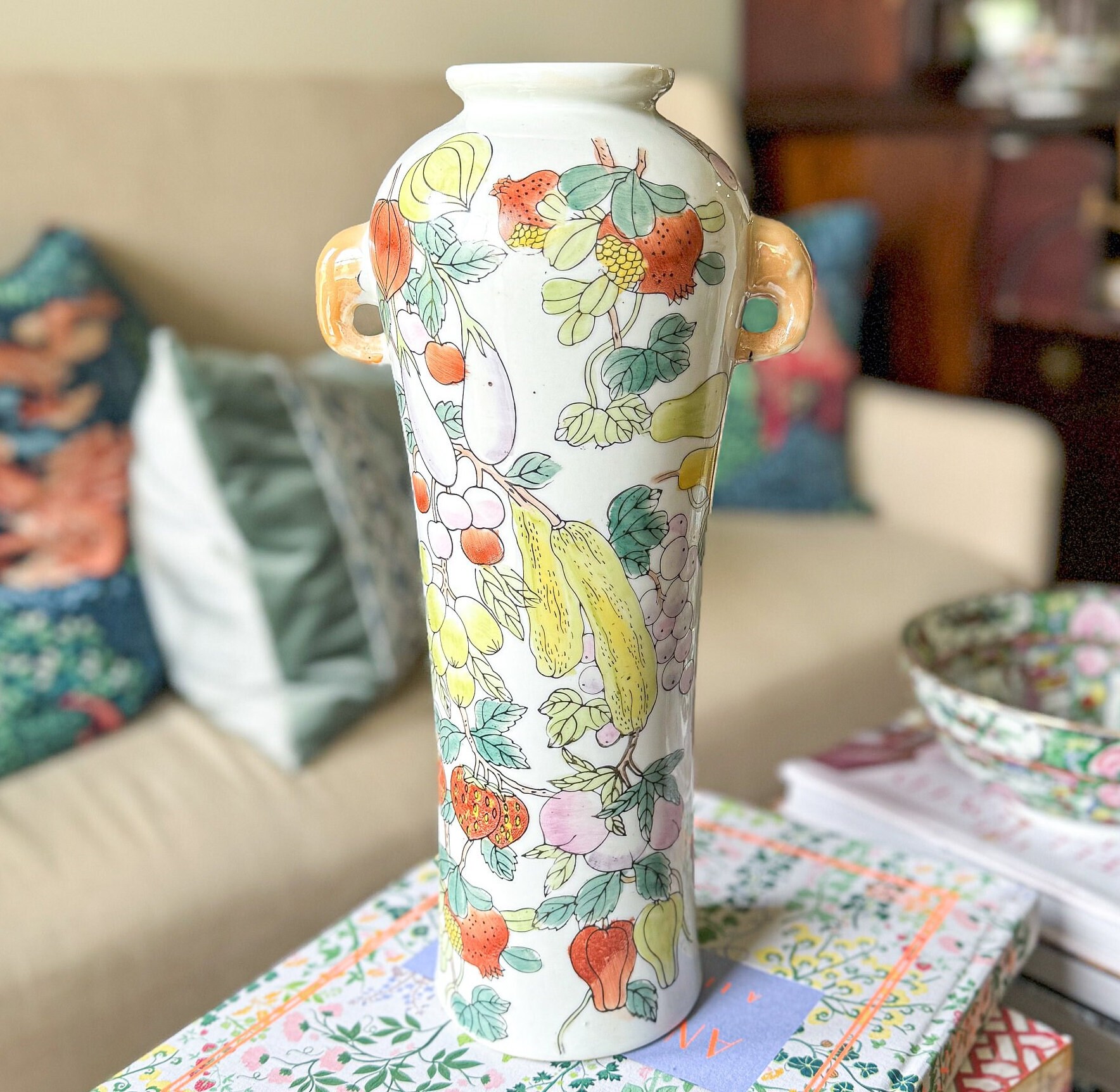 REDUCED Vintage 14.25" Fruit and Floral Handled Slender Vase with Strawberries - Vintage Chinoiserie - Grandmillennial Home Decor - Kitchen