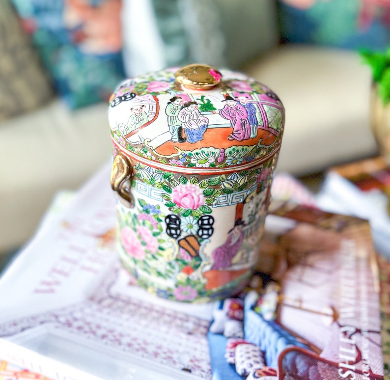 Vintage Famille Rose Medallion Lidded Canister with Gilt Handles Grandmillennial Asian Home Decor Maximalist Interiors image 4