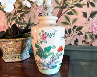 Vintage 12.5" Bok Choy and Butterfly Vase with Peach Ground