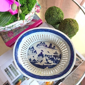 Vintage Blue and White Canton Oval Reticulated Basket