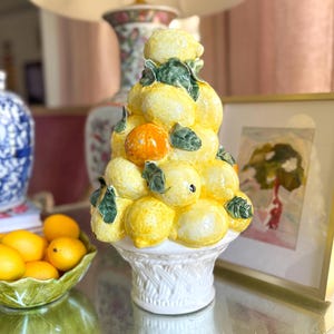 Vintage 13.5&quot; Ceramic Italian Lemon and Orange Topiary in Basketweave Pot