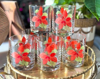 Vintage SET OF 7 Poinsettia Double Old Fashioned Glasses - Crisal Portugal