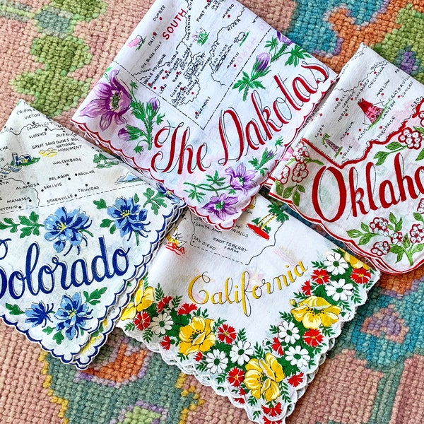 Vintage State Souvenir Cotton Hankies c.1950's - Vintage Linens - Grandmillennial Handkerchief - Colorado Dakotas Oklahoma California