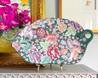 Vintage 14.5" Jewel Toned Multi Floral Leaf Shaped Platter
