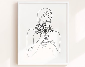Woman with Roses Line Art Print: Minimalist Female Face (Digital Download)