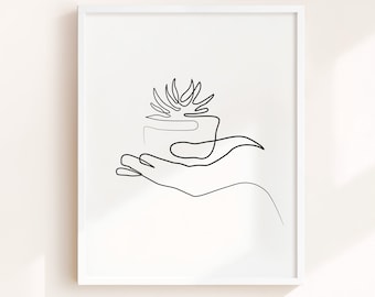 Succulent Line Art Print: Hand Holding Plant (Digital Download)