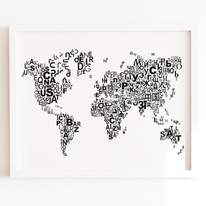 May include: A black and white world map design created using letters of the alphabet. The letters are arranged to form the shape of the continents. The design is framed in a white frame.