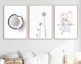 Minimalist Art Prints Set: Woman Line Art, Coconut Palms (Digital Download)