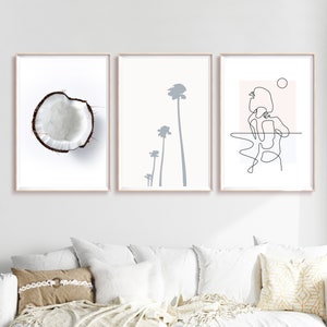 Minimalist Art Prints Set: Woman Line Art, Coconut Palms (Digital Download)