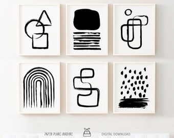 Black and White Brush Stroke Print Set: Minimalist Gallery Wall (Digital Download)