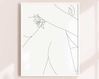 Minimalist Nude Woman Line Art Print, Flower Detail (Digital Download)