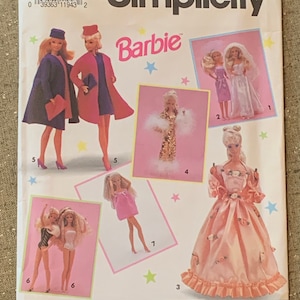 May include: Simplicity Barbie pattern featuring doll designs. The cover displays Barbie dolls in various outfits, including dresses and coats. The pattern number is 7601, and it is one size.