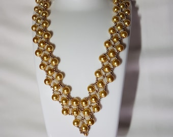 Beaded Necklace with Pearls and Earrings set all in old gold color