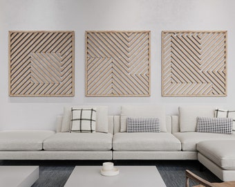 Large Geometric Wood Wall Hanging Set- Modern Wood Wall Art Set of 3- Abstract Wood Wall Art Hanging Set of 3