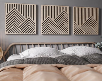 Large Mountains Wooden Wall Art Set- Headboard Wall Art- Bedroom Wall Art Set of 3- Modern Geometric Wood Wall Hanging- Hanging Headboard