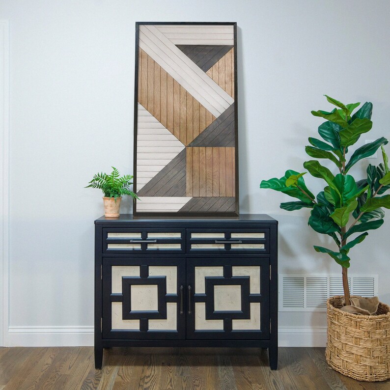 Modern Geometric Wood Wall Art Vertical Panel Rustic Hanging Wooden
