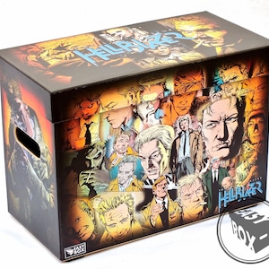 Op de afbeelding: Een zwarte kartonnen opbergdoos met een collage van stripboekillustraties met het personage Hellblazer. De doos heeft een handvat aan de zijkant en de tekst "Easy Box" is onderaan gedrukt.