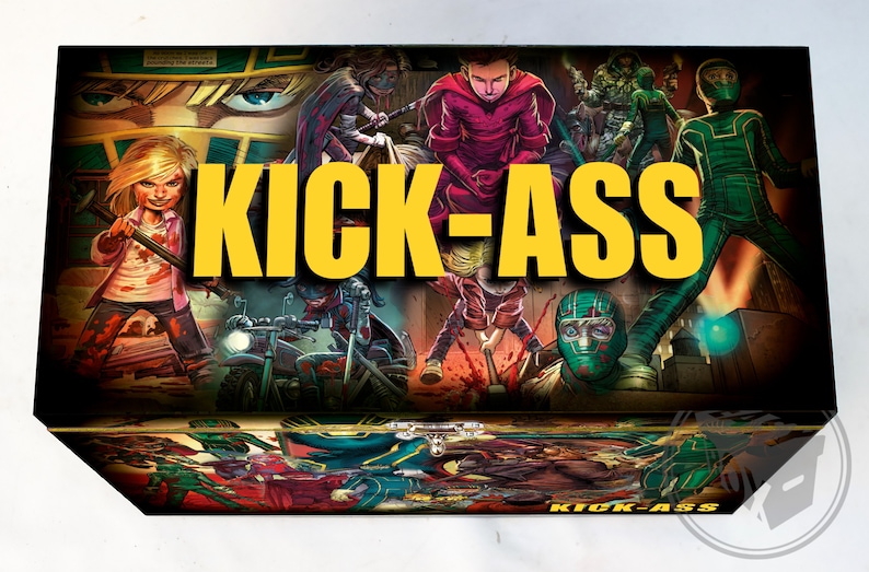 May include: A colorful comic book style illustration of characters from the movie Kick-Ass. The image features a yellow banner with the title "Kick-Ass" in bold, black letters.