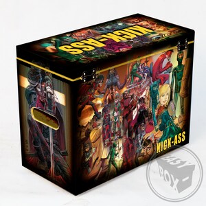 May include: A black wooden storage box with a colorful comic book design featuring the words "Kick-Ass" and "Easy Box".