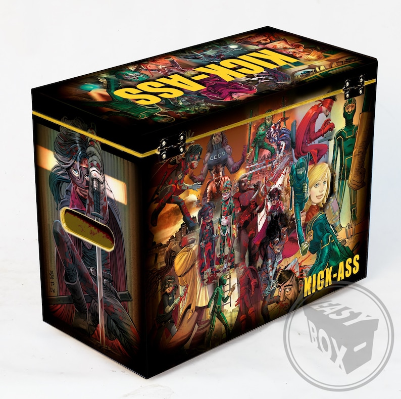 May include: A black wooden storage box with a colorful comic book design featuring the words "Kick-Ass" and "Easy Box".