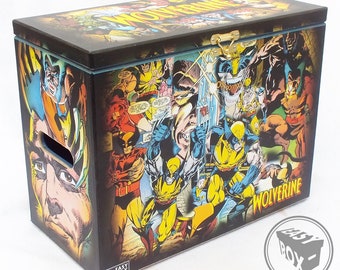 May include: A wooden storage box with a hinged lid and a latch. The box is decorated with a collage of comic book images featuring Wolverine, a superhero from Marvel Comics. The box is labelled "Wolverine" and has the Easy Box logo on the bottom.