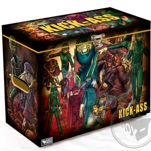 May include: A yellow and black storage box with a colorful comic book illustration of characters wearing superhero costumes. The box has the words "Kick-Ass" printed on the front and side.