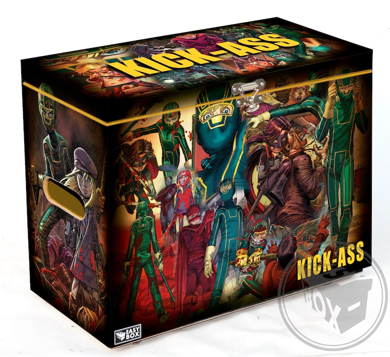 May include: A yellow and black storage box with a colorful comic book illustration of characters wearing superhero costumes. The box has the words "Kick-Ass" printed on the front and side.