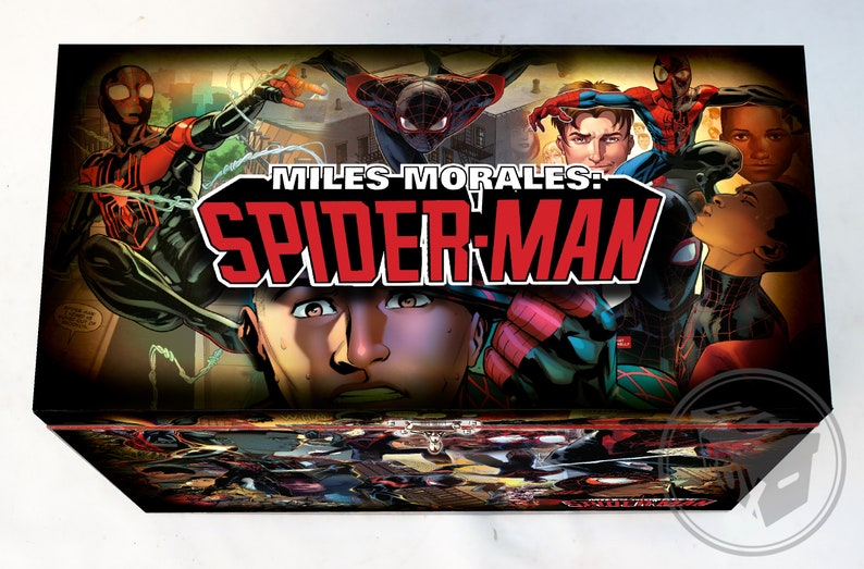 May include: A black and red comic book style box with the text "MILES MORALES: SPIDER-MAN" in red letters. The box features images of Spider-Man in various poses.