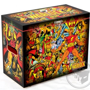 May include: A black wooden storage box with a comic book collage featuring the Marvel character Warlock. The box has a red handle and the text "Warlock" on the front.