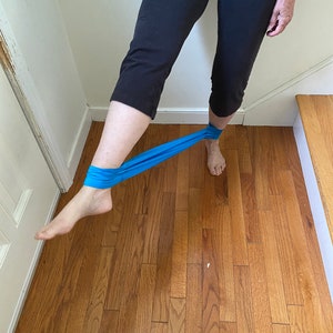 May include: A person wearing black pants and a blue top is doing a leg exercise with a blue resistance band.