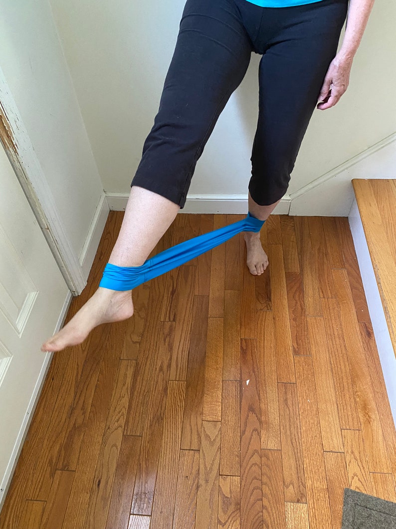 May include: A person wearing black pants and a blue top is doing a leg exercise with a blue resistance band.